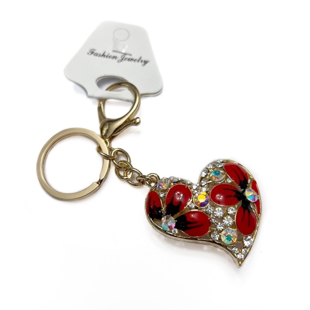 3/$20 Puffed Floral Rhinestone Heart Key Chain Bag Charm Red & Black in …